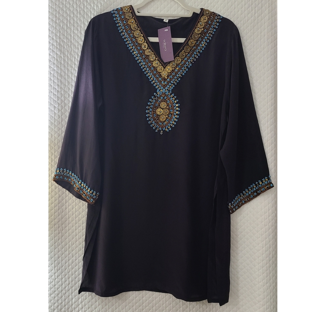 Black embellished sequins and turquoise beads silk tunic